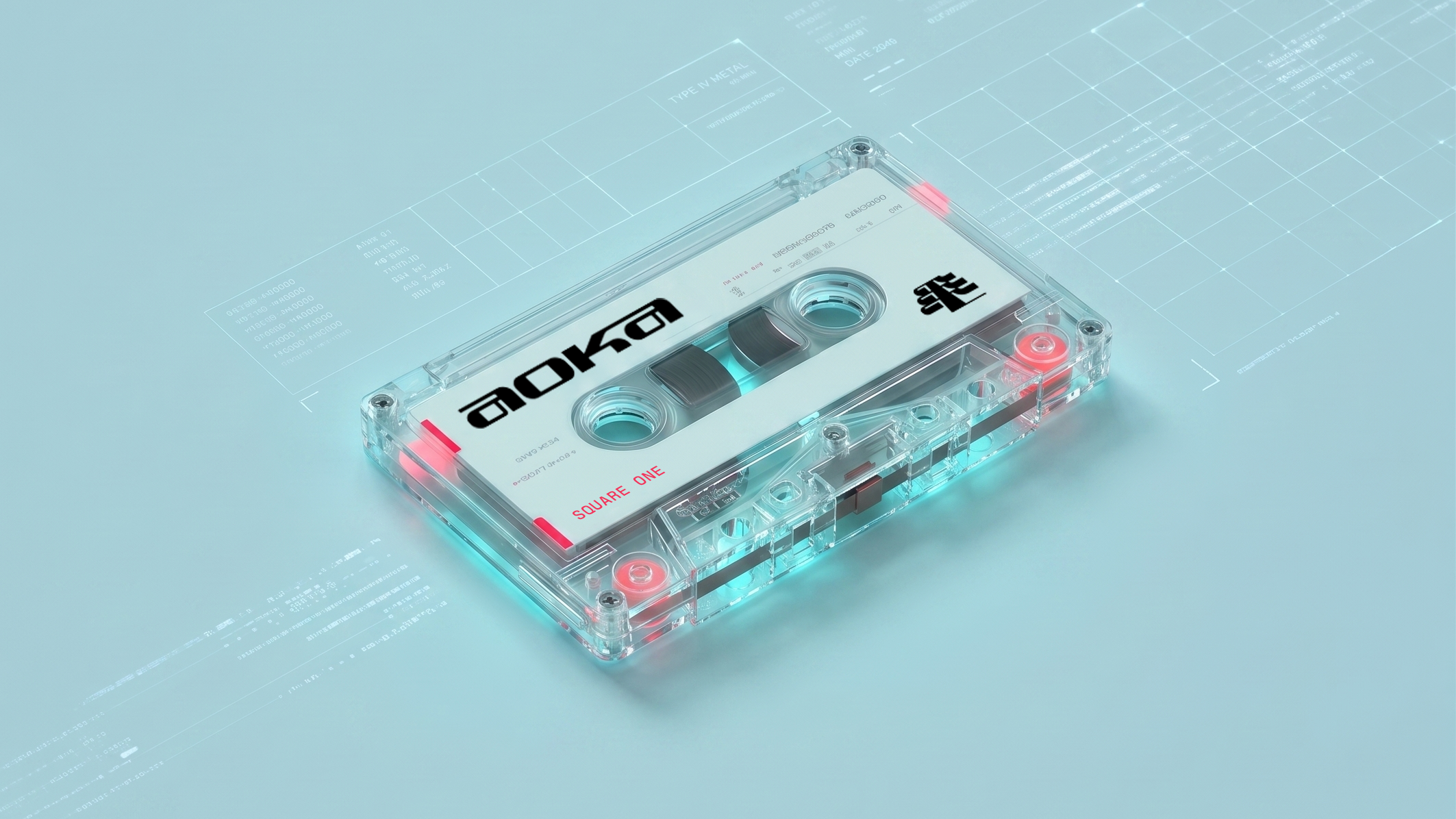 A translucent clear cassette tape with pink end caps and a white label featuring the black 'aoka' logo, resting on a light blue background with faint grid lines.